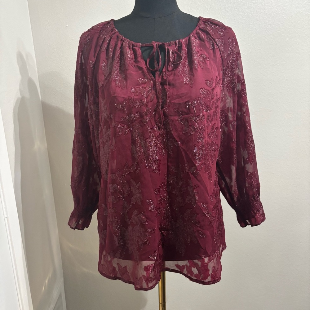 Chicos Whimsigoth Burgundy Peasant Sheer Blouse Fairycore Medieval Size 1